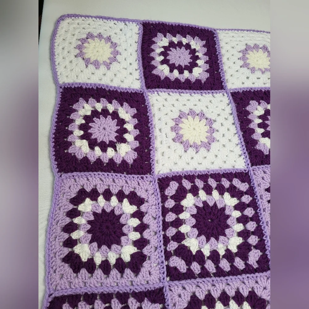Purple and White Block Handmade Crochet Afghan Throw Lap Yarn Blanket 46